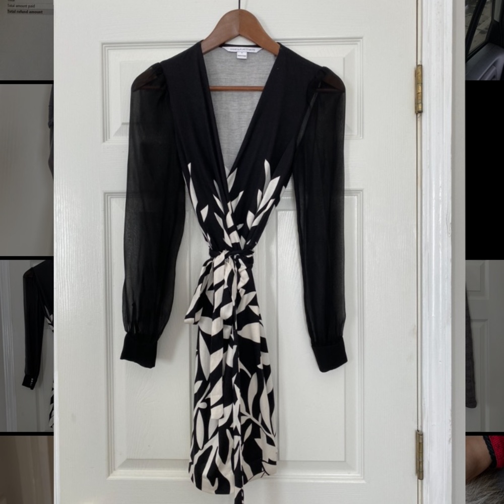DVF silk wrap dress with mesh sleeves in sz 0